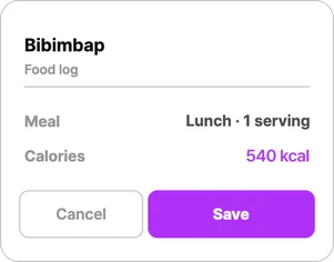 Food log card: bibimbap, 540 kcal