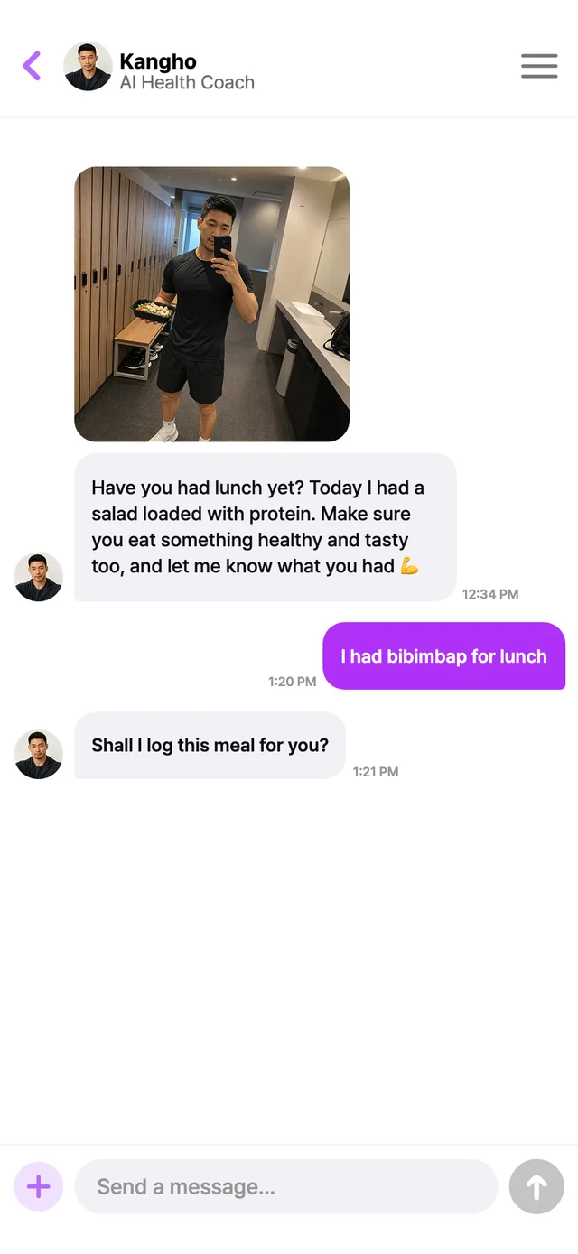 AI coach chat screen — tell the coach what you had for lunch and it offers to log it
