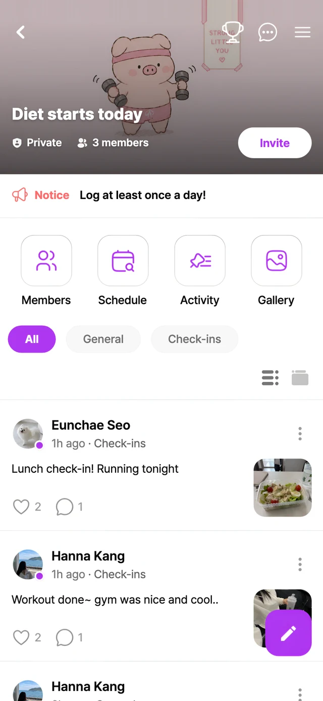 Private group screen — workout and meal check-in feed of the group "Diet starts today"